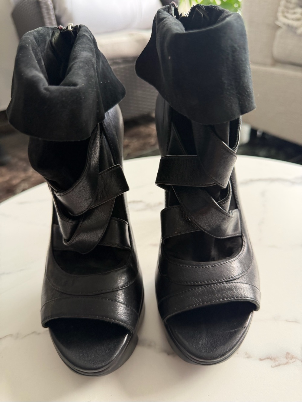 Black Fold-Over Ankle Strap High Heel Sandals